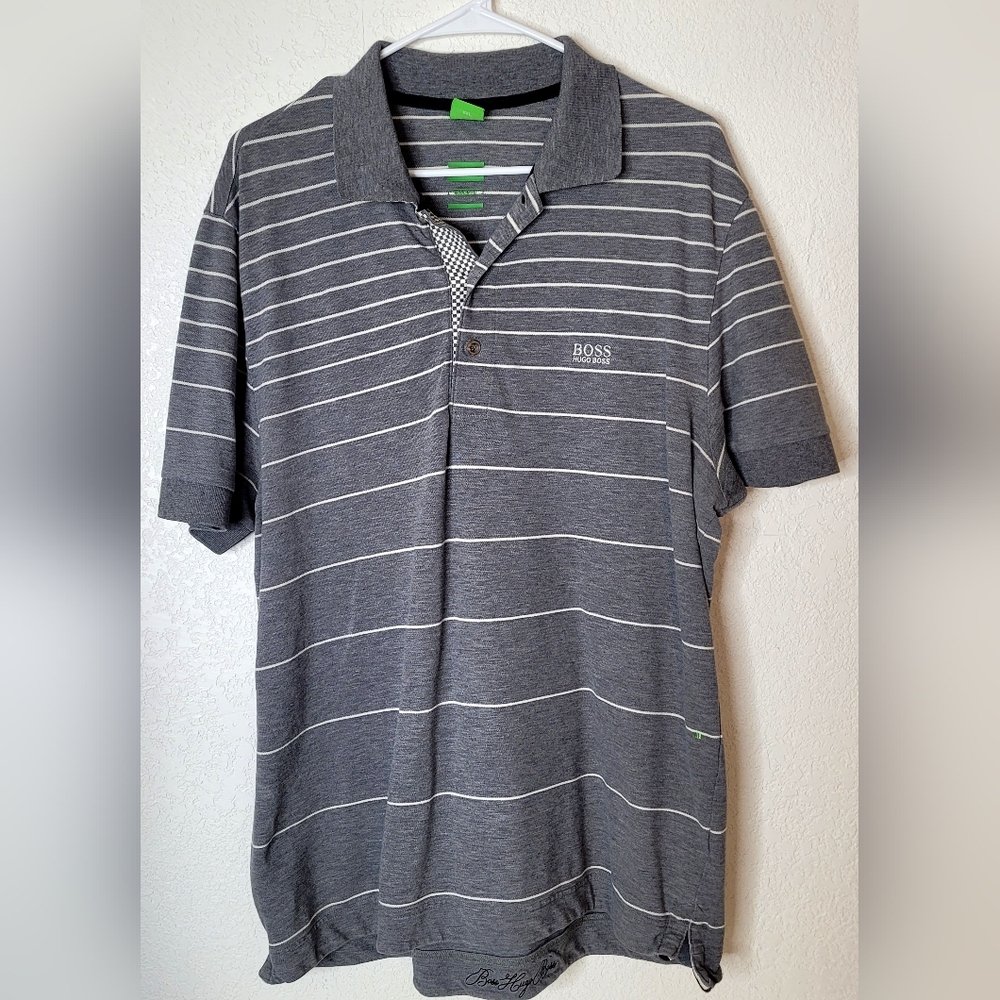 Hugo Boss Gray & White Striped Polo Shirt Green Label Size 2XL